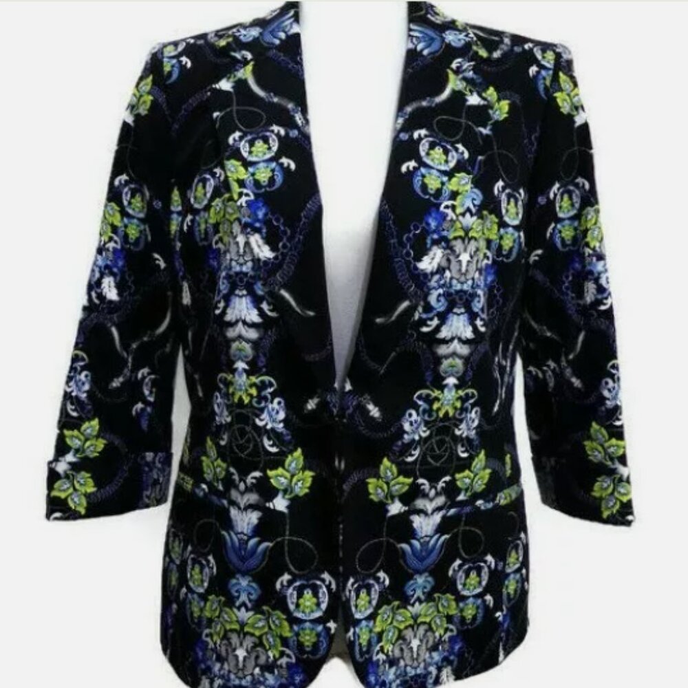 Nine West Womens Black Blue Green Floral Blazer Jacket SIZE 12 Career Casual